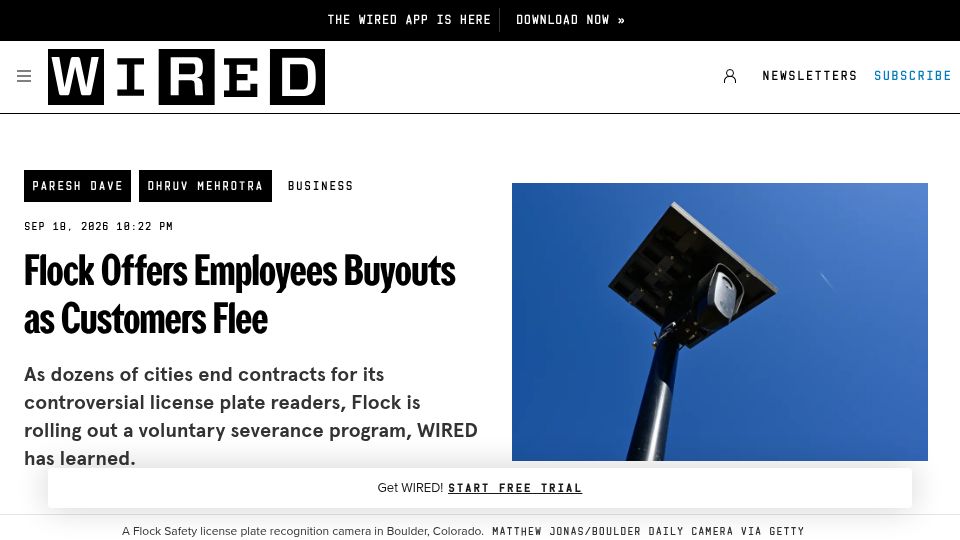 Screenshot of wired.com: Flock Offers Employees Buyouts as Customers Flee