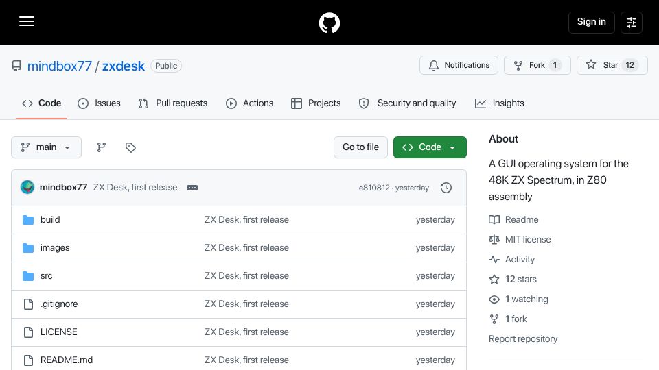 Screenshot of github.com: A graphical desktop for the ZX Spectrum