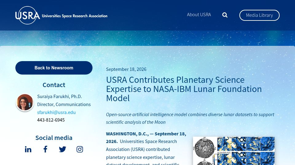 Screenshot of newsroom.usra.edu: NASA-IBM Lunar Foundation open-Source Geospatial AI Model