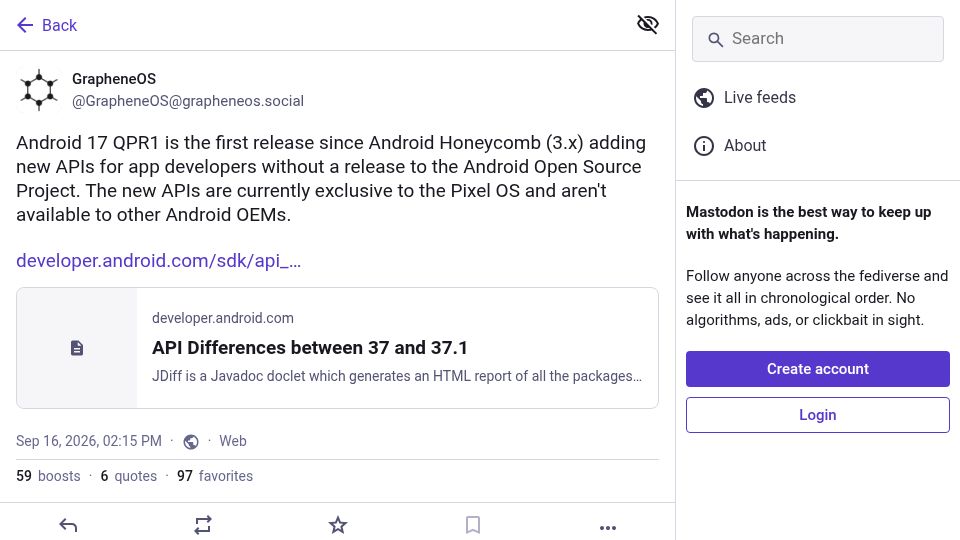 Screenshot of grapheneos.social: Android 17 is the first since 3.x to add new APIs without releasing to the AOSP