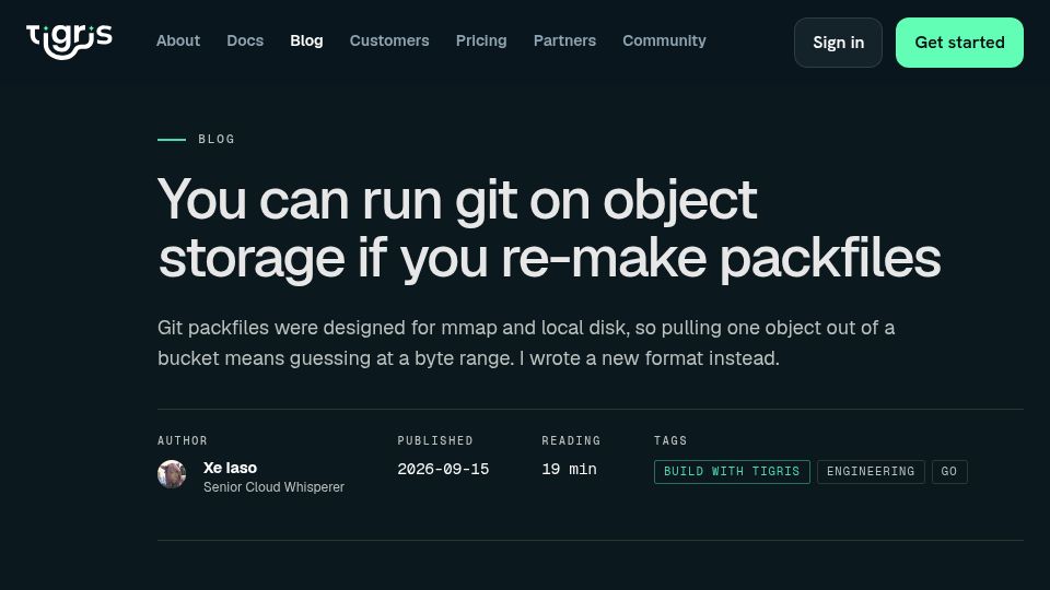 Screenshot of tigrisdata.com: You can run Git on object storage if you re-make packfiles