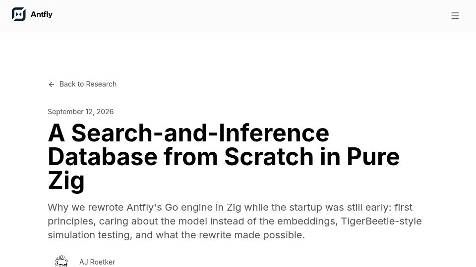 Screenshot of antfly.io: A search-and-inference database from scratch in pure Zig