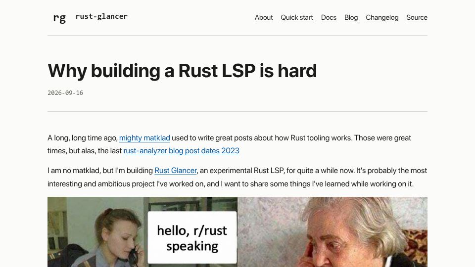 Screenshot of rust-glancer.github.io: Why building a Rust LSP is hard