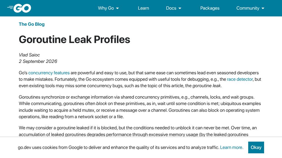 Screenshot of go.dev: Goroutine Leak Profiles
