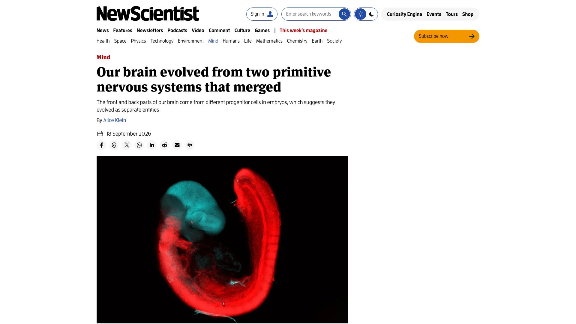 Screenshot of newscientist.com: Two parallel neural ectoderm progenitors contribute to the developing brain