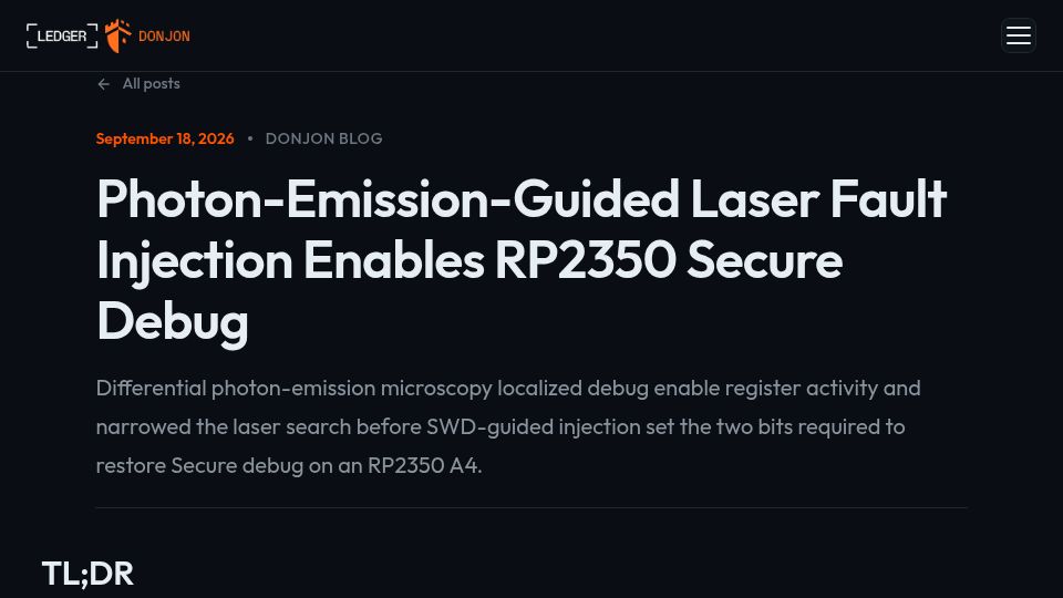 Screenshot of donjon.ledger.com: Photon-Emission-Guided Laser Fault Injection Enables RP2350 Secure Debug