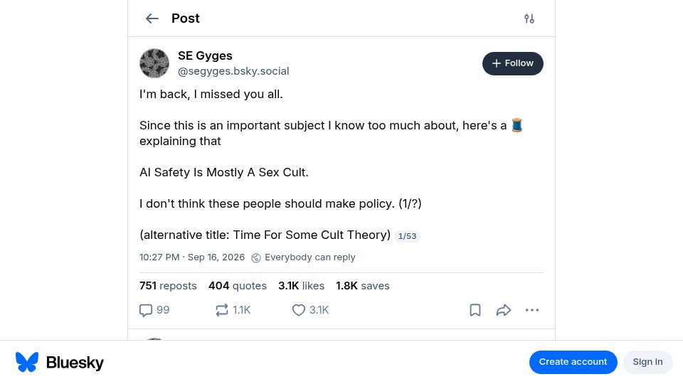Screenshot of bsky.app: AI Safety Is Mostly a Sex Cult