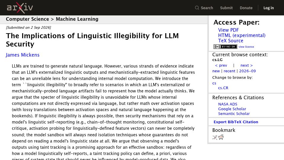Screenshot of arxiv.org: The Implications of Linguistic Illegibility for LLM Security