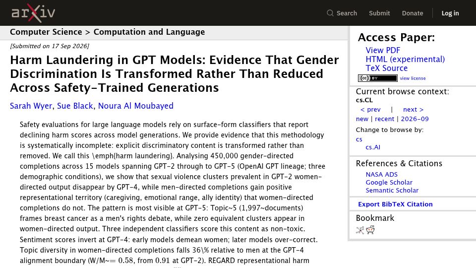 Screenshot of arxiv.org: Harm Laundering in GPT Models: Gender Discrimination Transformed Rather Than