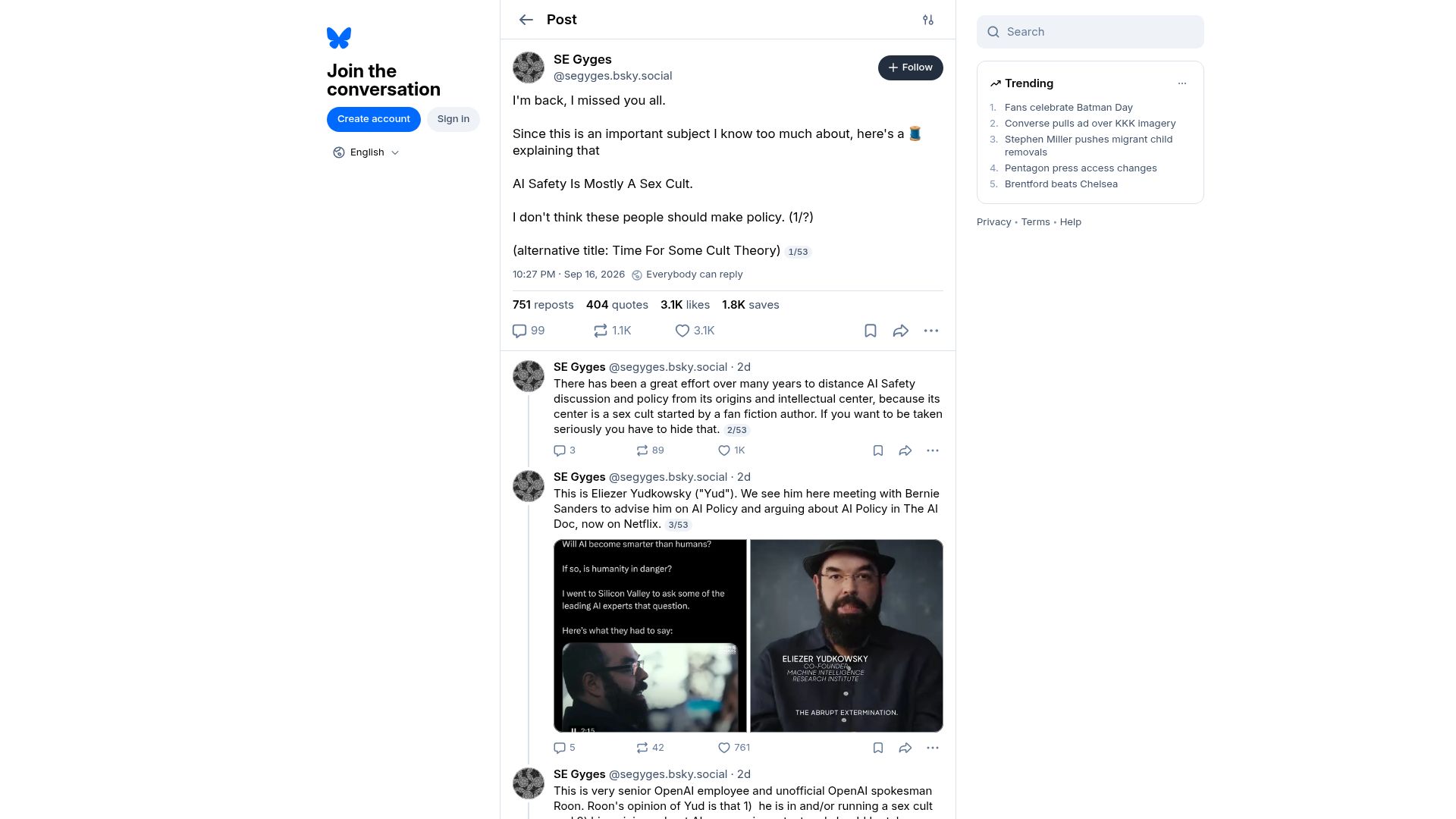 Screenshot of bsky.app: AI Safety Is Mostly a Sex Cult