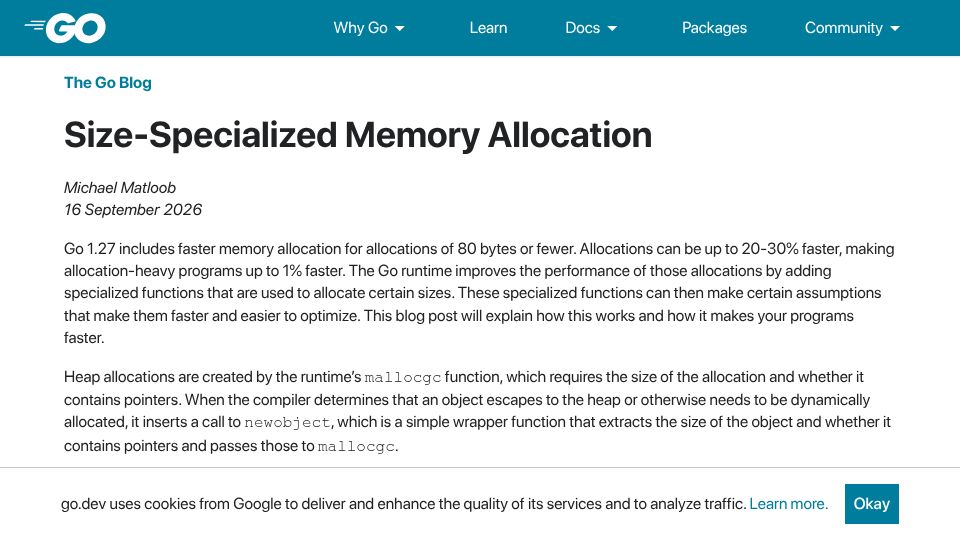 Screenshot of go.dev: Size-Specialized Memory Allocation