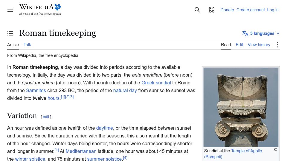 Screenshot of en.wikipedia.org: Roman Timekeeping