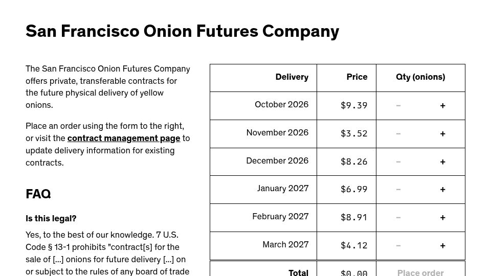 Screenshot of onionfutures.com: San Francisco Onion Futures Company