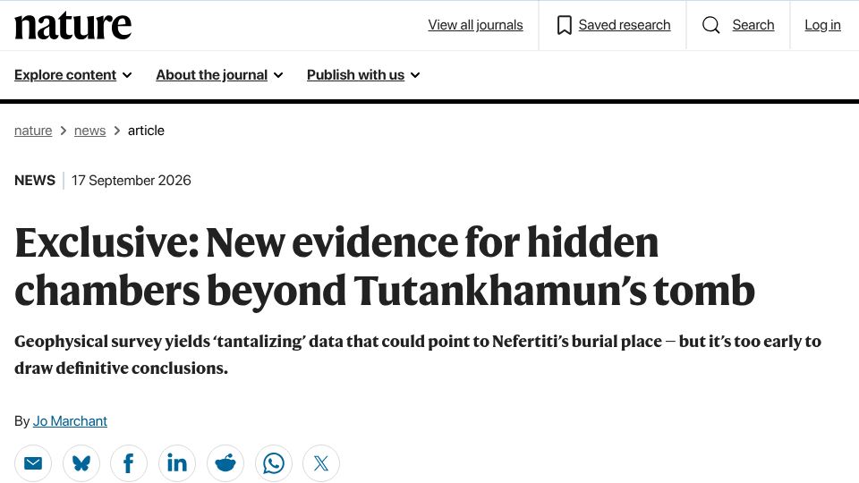 Screenshot of nature.com: New evidence for hidden chambers beyond Tutankhamun's tomb