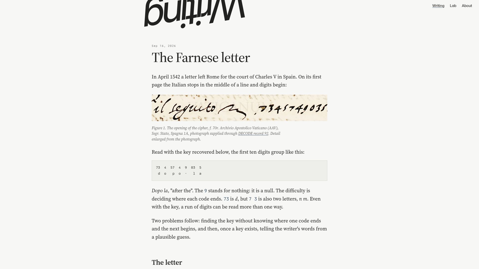 Screenshot of simonklee.dk: The Farnese letter
