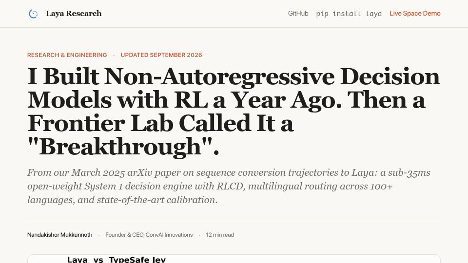 Screenshot of laya.convaiinnovations.com: I built non-autoregressive decision models with RL a year ago