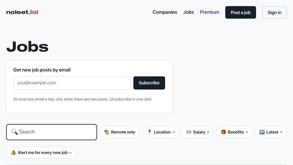 Screenshot of noleet.lol: Jobs Without LeetCode