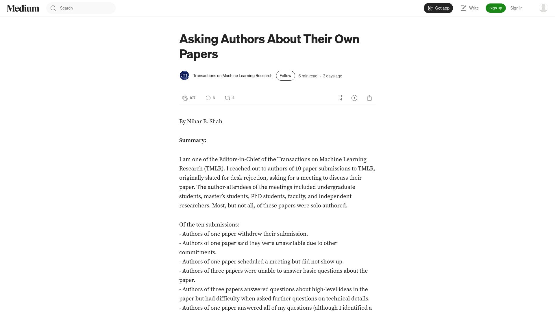 Screenshot of medium.com: Asking authors about their own papers