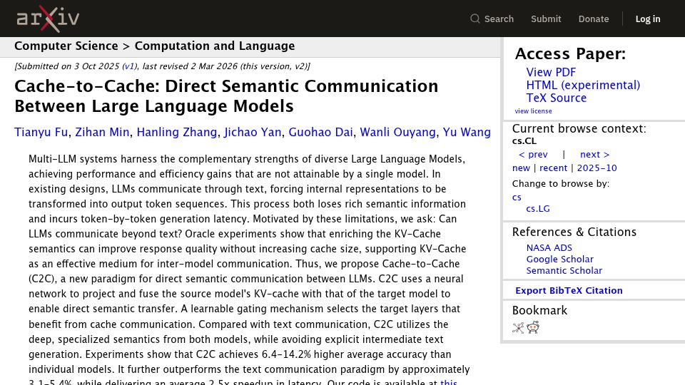 Screenshot of arxiv.org: Cache-to-Cache: Direct Semantic Communication Between LLMs (2025)