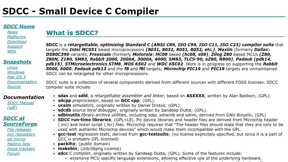 Screenshot of sdcc.sourceforge.net: SDCC – Small Device C Compiler