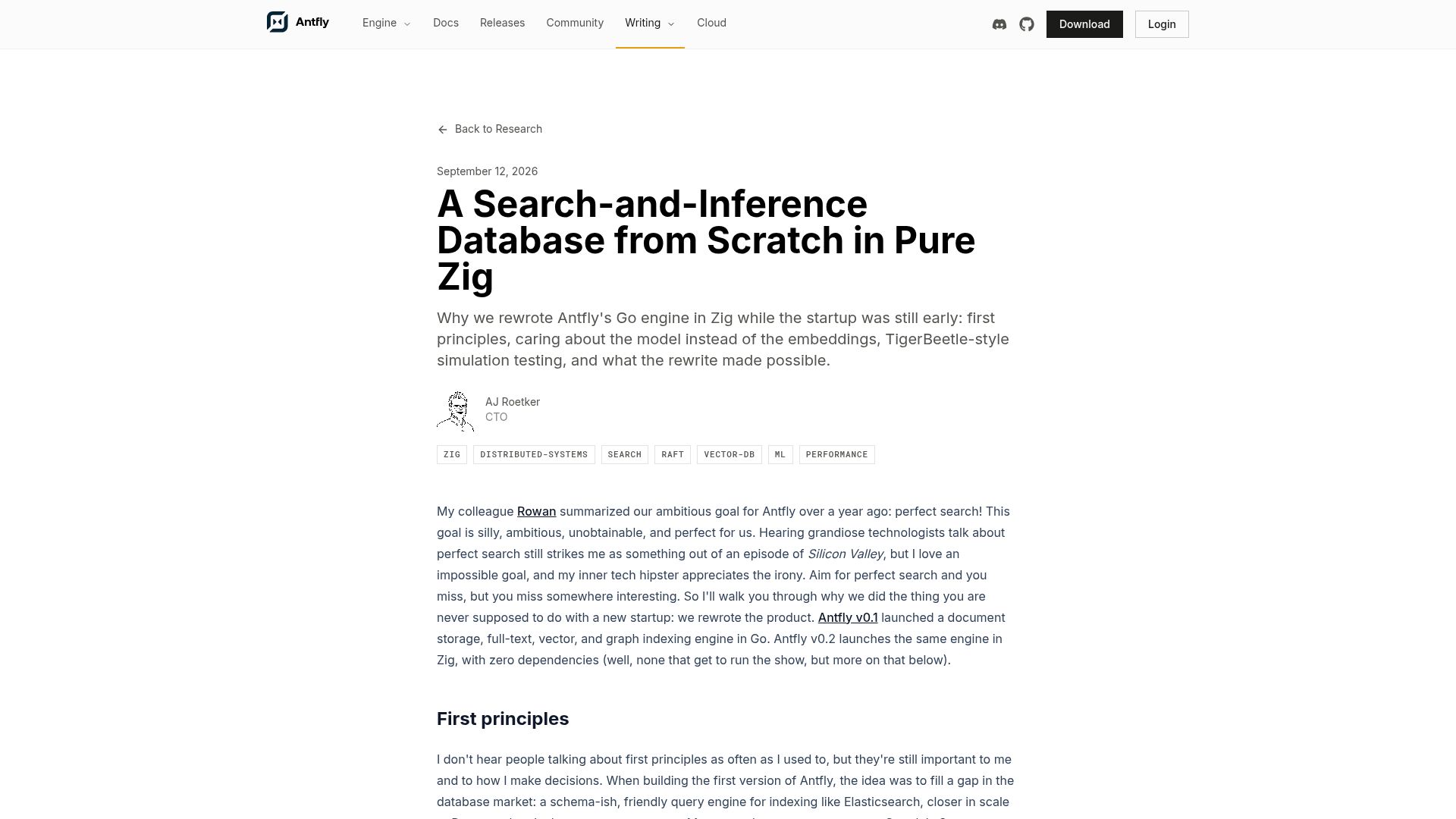 Screenshot of antfly.io: A search-and-inference database from scratch in pure Zig
