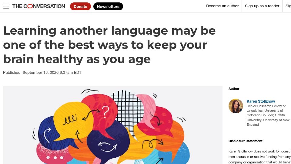 Screenshot of theconversation.com: Learning Another Language May Be One of the Best Ways to Keep Your Brain Healthy