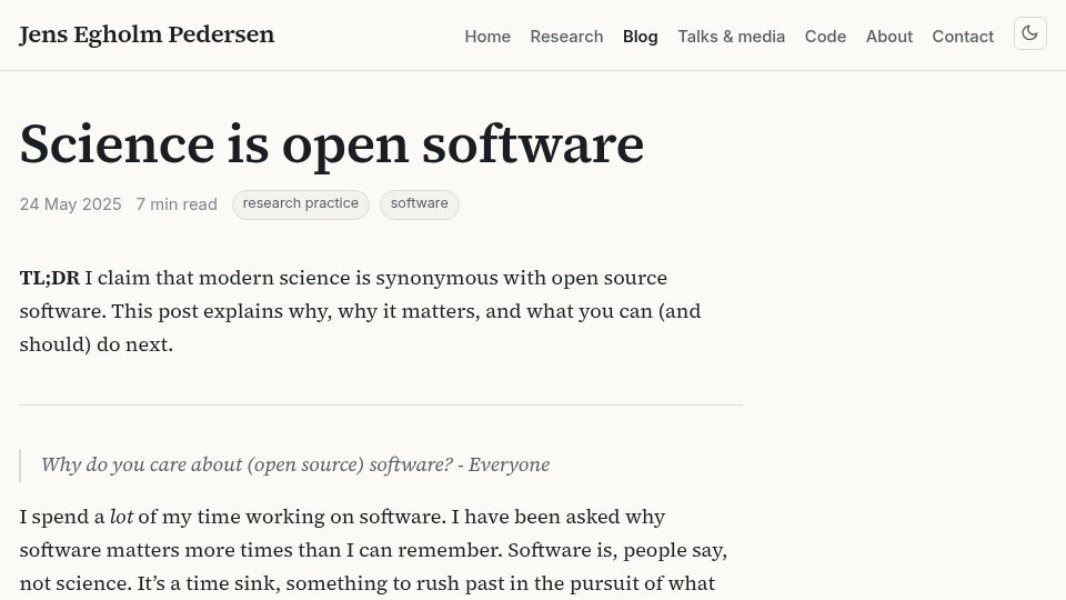 Screenshot of jepedersen.dk: Science Is Open Software