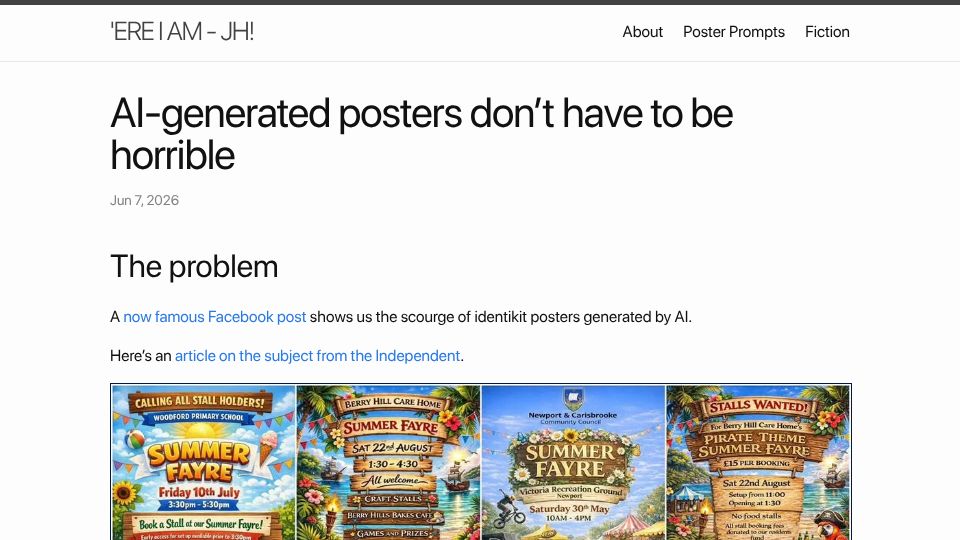 Screenshot of john.hartnup.uk: AI-generated posters don’t have to be horrible