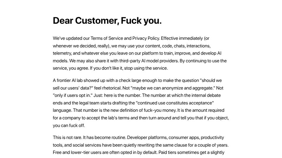 Screenshot of fuck-off.ai: Dear Customer, Fuck You
