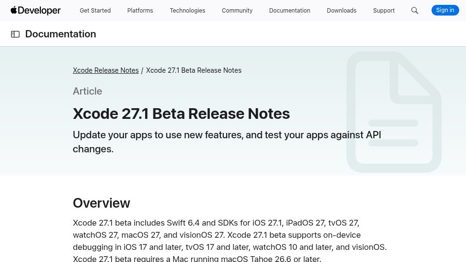 Screenshot of developer.apple.com: Xcode 27.1 Beta Release Notes