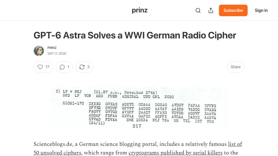 Screenshot of prinzai.com: GPT-6 Astra Solves a WWI German Radio Cipher