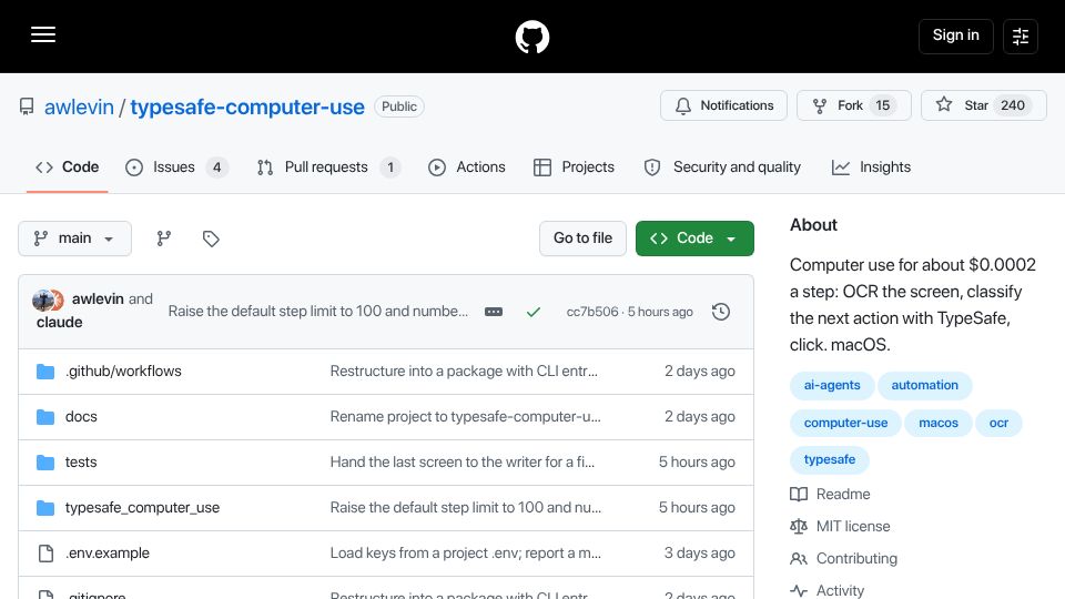 Screenshot of github.com: Typesafe-computer-use drives a Mac toward a goal for 1/50th of a cent per step