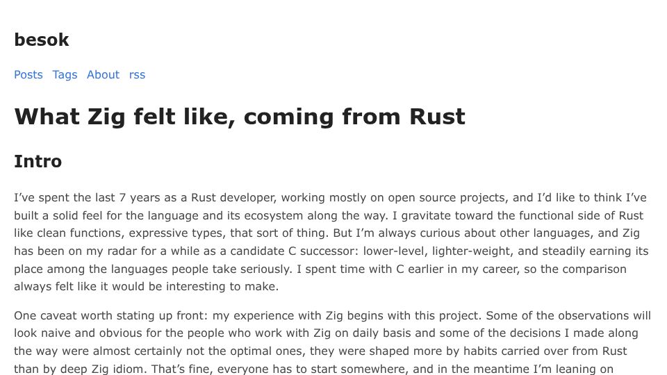Screenshot of besok.github.io: What Zig felt like, coming from Rust
