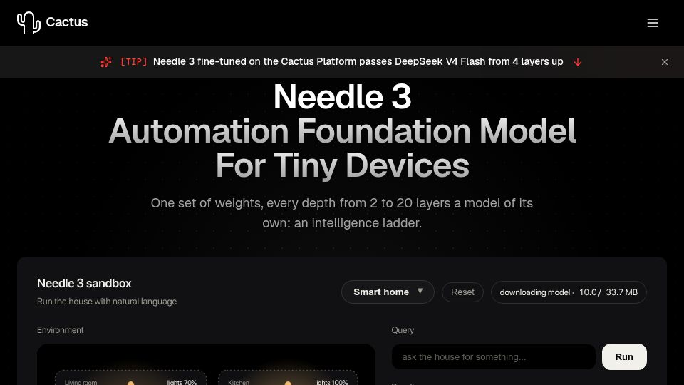 Screenshot of cactuscompute.com: Show HN: Cactus Needle 3: 8-29MB automation models can match DeepSeek V4 Flash