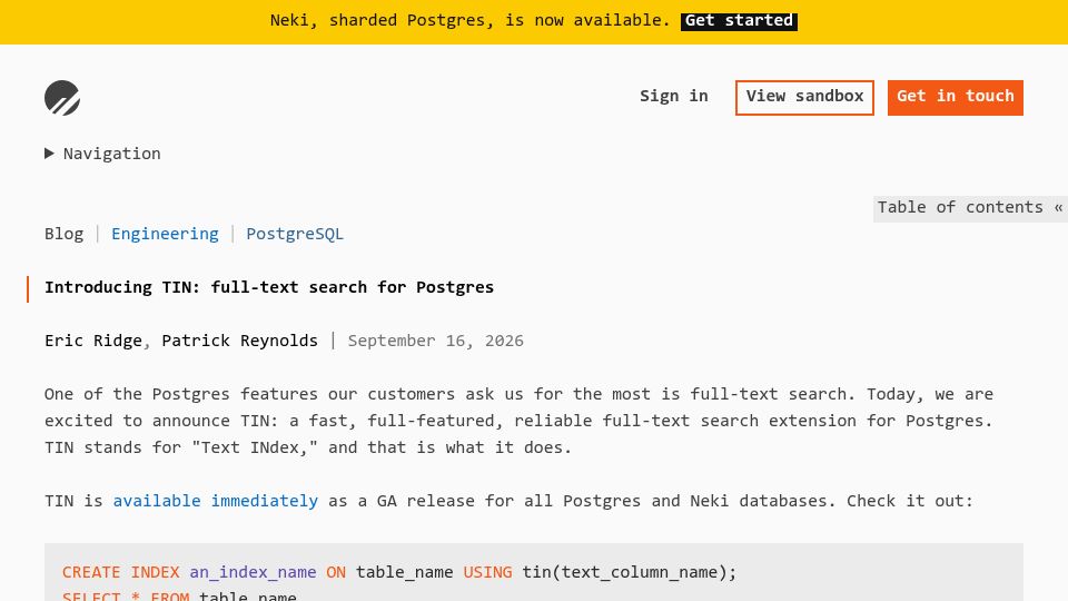 Screenshot of planetscale.com: Tin: full-text search for Postgres