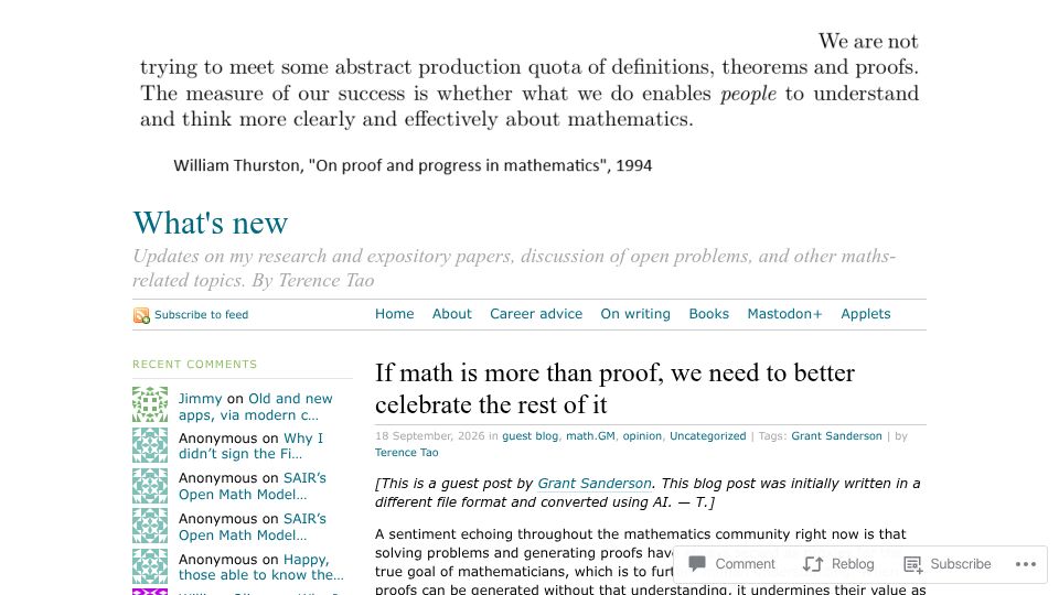Screenshot of terrytao.wordpress.com: If math is more than proof, we need to better celebrate the rest of it