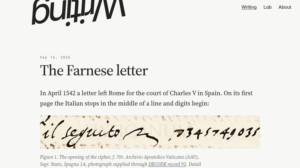 Screenshot of simonklee.dk: The Farnese letter
