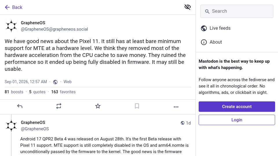 Screenshot of grapheneos.social: GrapheneOS says Pixel 11 has MTE support after all