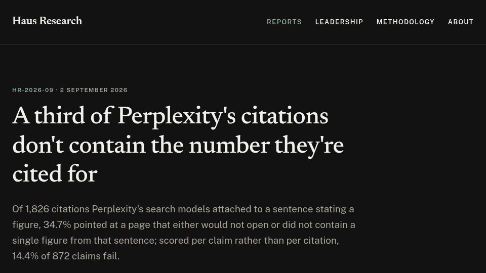 Screenshot of hausresearch.com: A third of Perplexity's citations don't contain the number they're cited for