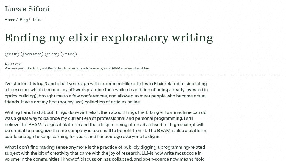 Screenshot of lucassifoni.info: Ending my elixir exploratory writing