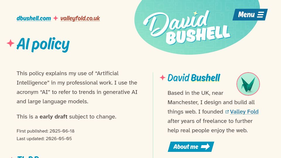 Screenshot of dbushell.com: AI Policy