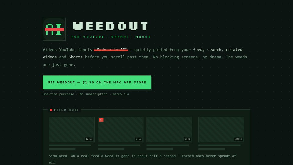 Screenshot of masteranza.github.io: Show HN: Weedout – Safari extension that hides YouTube AI-labeled videos
