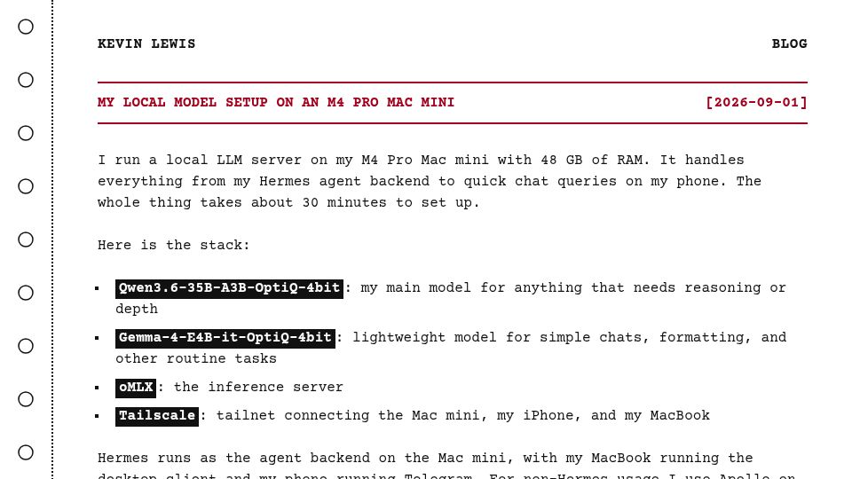 Screenshot of lws.io: My local model setup on an M4 Pro Mac Mini