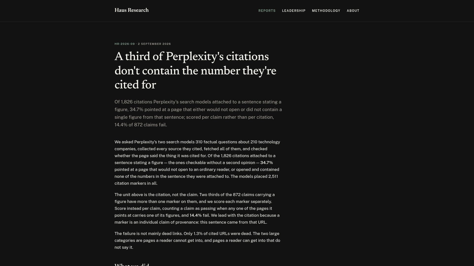 Screenshot of hausresearch.com: A third of Perplexity's citations don't contain the number they're cited for
