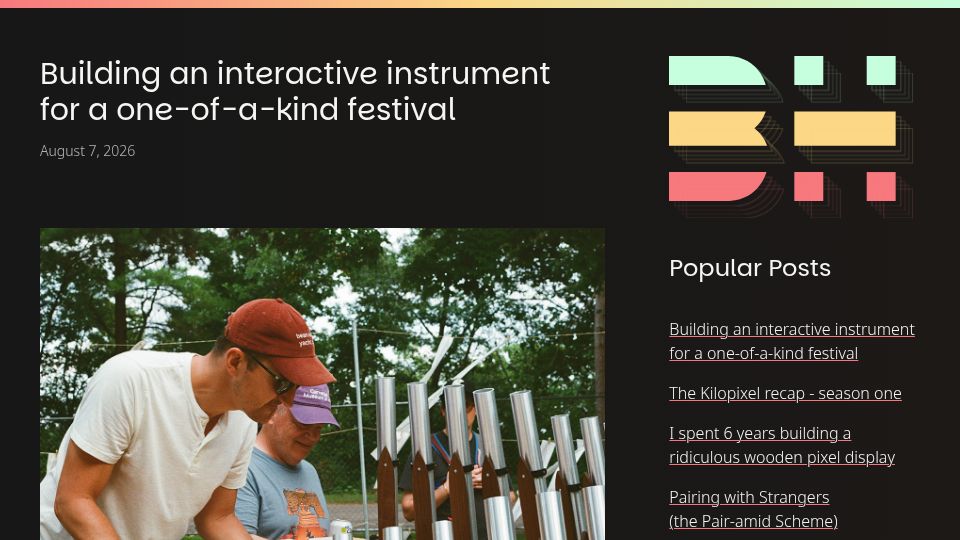 Screenshot of benholmen.com: Building an interactive instrument for a one-of-a-kind festival