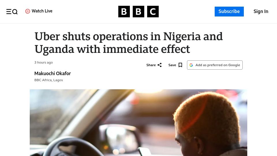 Screenshot of bbc.com: Uber shuts operations in Nigeria and Uganda with immediate effect