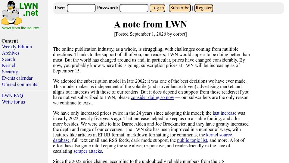 Screenshot of lwn.net: A note on subscription prices from LWN