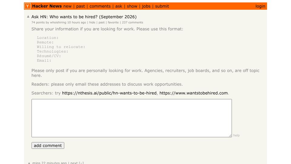 Screenshot of Hacker News post: Ask HN: Who wants to be hired? (September 2026)