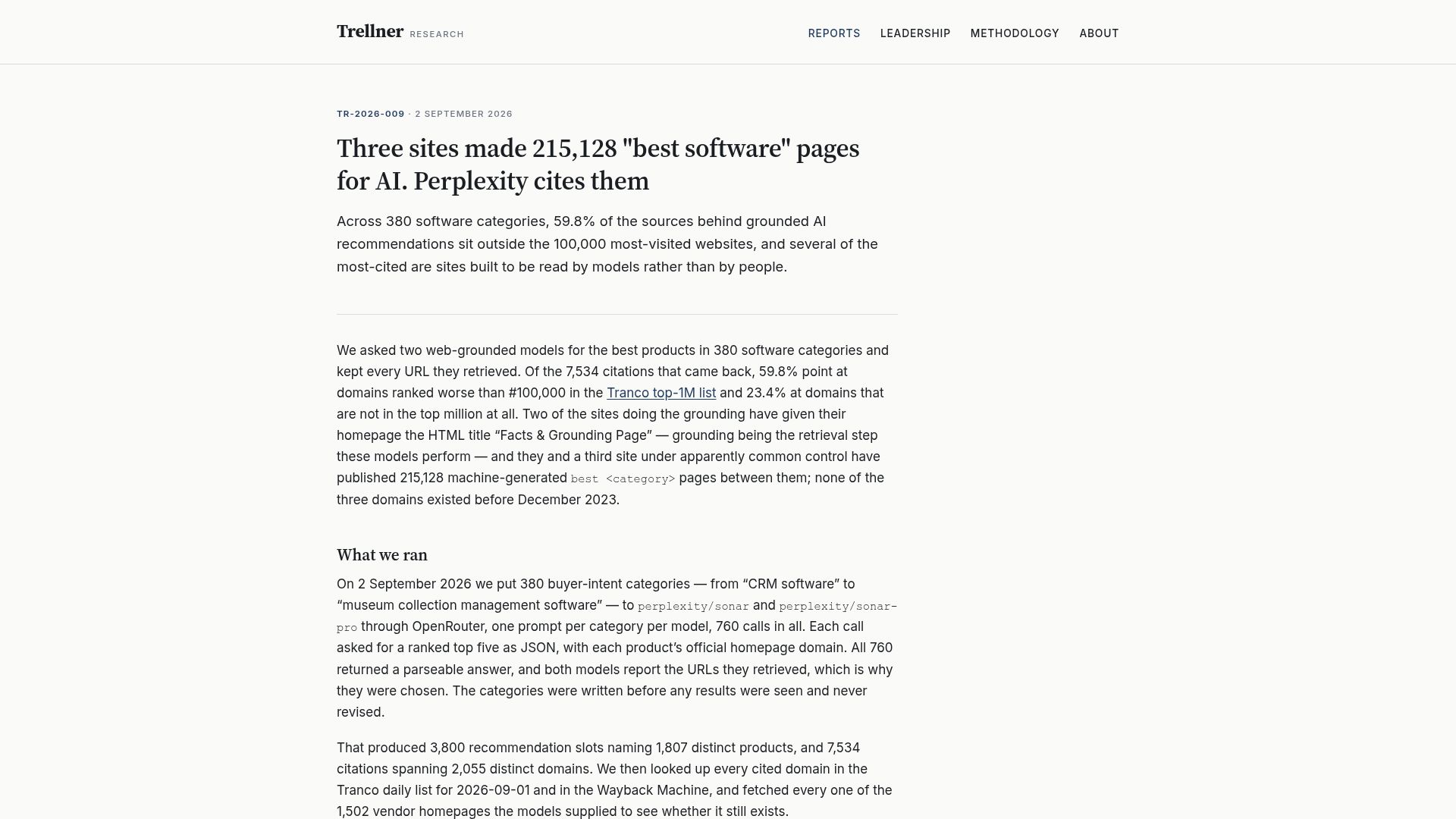 Screenshot of trellner.com: Three sites made 215,128 “best software” pages for AI. Perplexity cites them