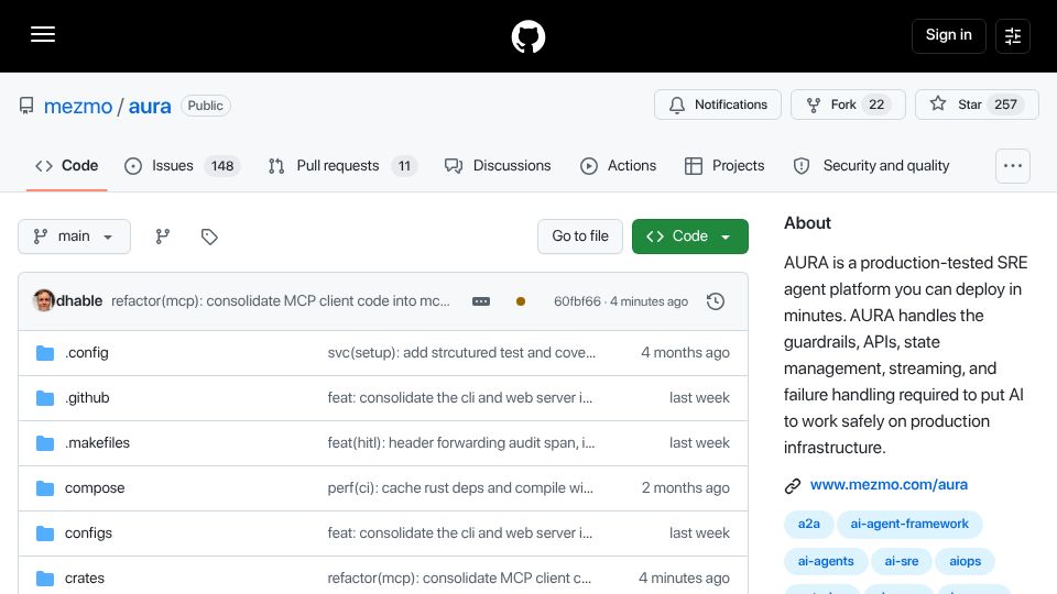 Screenshot of github.com: Show HN: Aura – a Rust agent that investigates and fixes production incidents